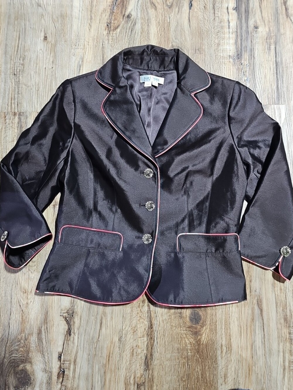 KAY UNGER women 12 brown silk blend blazer 3/4 sleeve Lots Of Detail Korean Made